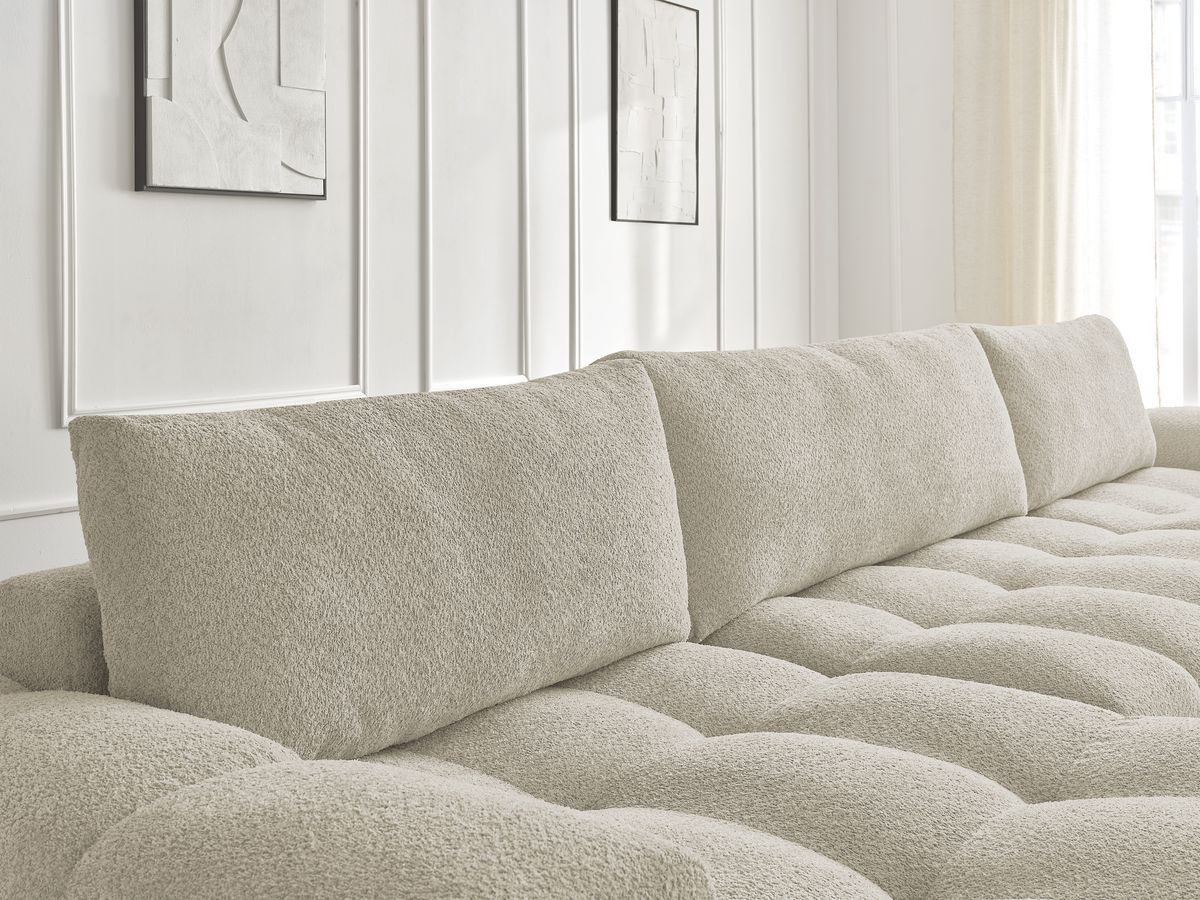 Bobochic Anakin Wohnlandschaft mit Pouf, Liegefläche 137 × 382 cm, 3 Kissen Bouclé-Stoff Beige