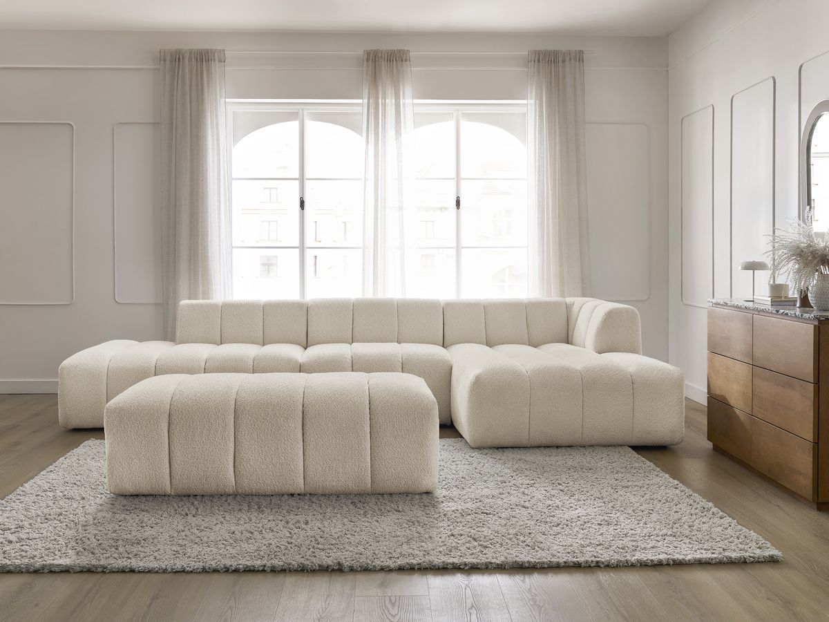 Bobochic Annecy Ecksofa mit Sofamodul und Pouf Bouclé-Stoff Beige Ecke rechts