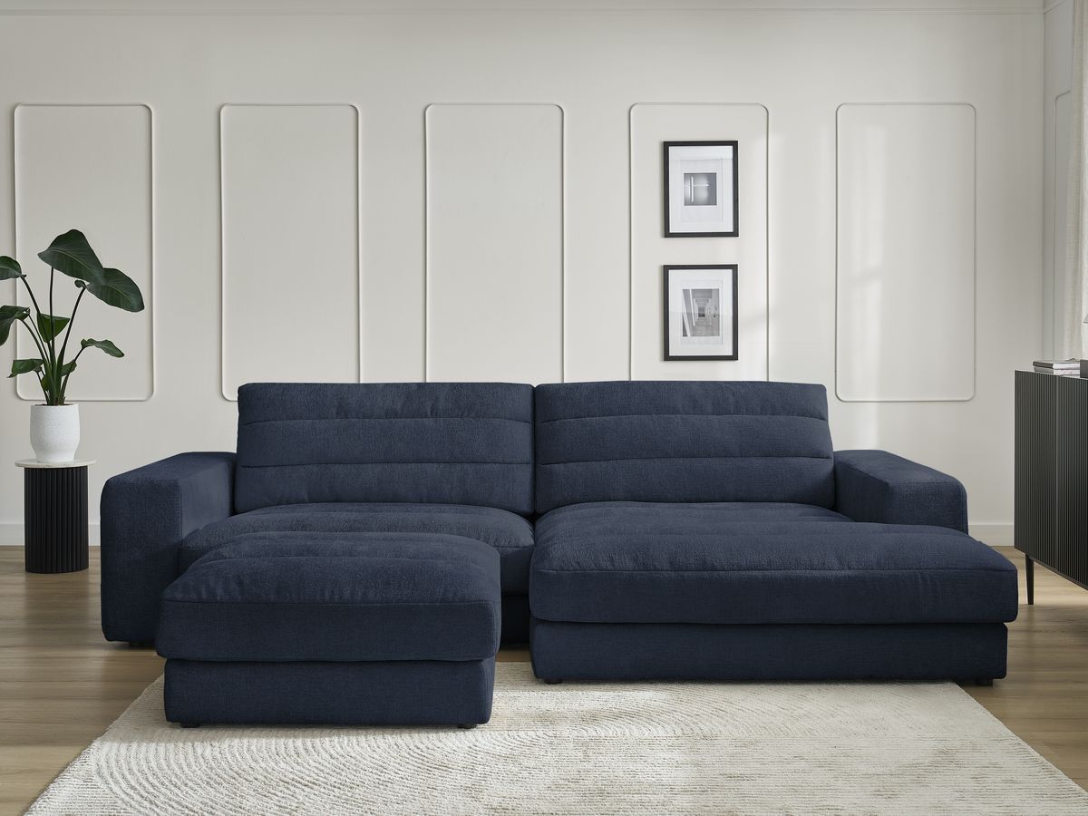 Bobochic Sierra Ecksofa mit Pouf Strukturstoff Dunkelblau Ecke rechts