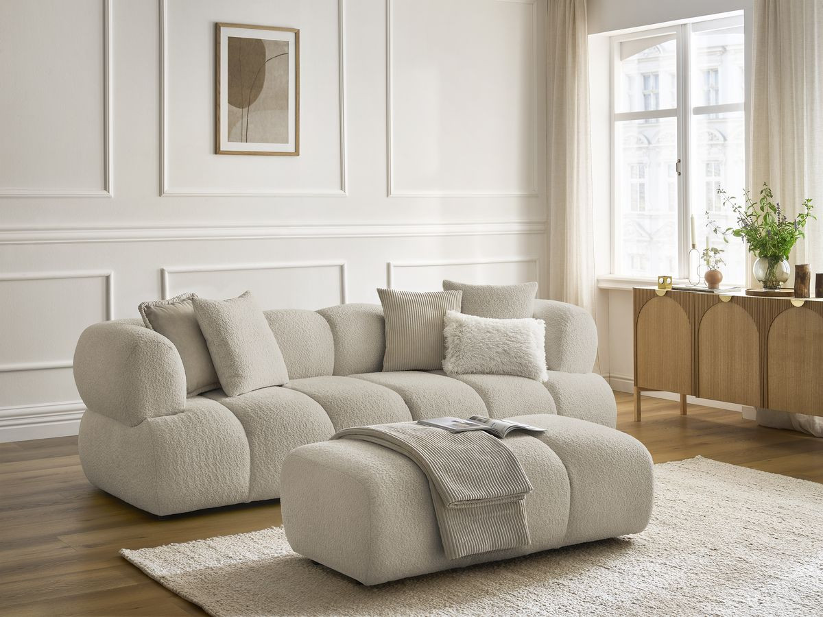 Bobochic Pamira Sofa 3-Sitzer mit Pouf Bouclé-Stoff Beige