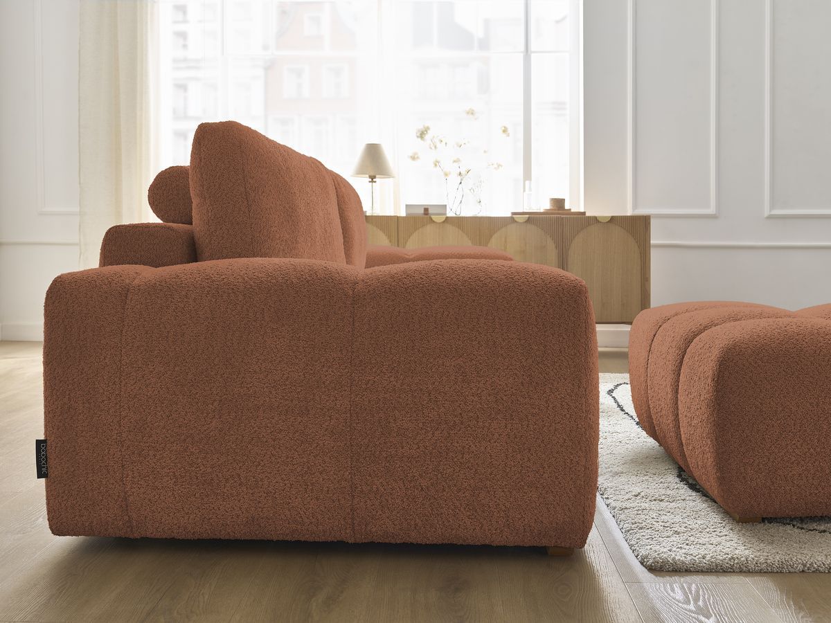 Bobochic Anakin Sofa 3-Sitzer mit Pouf, 2 Kissen Bouclé-Stoff Orange