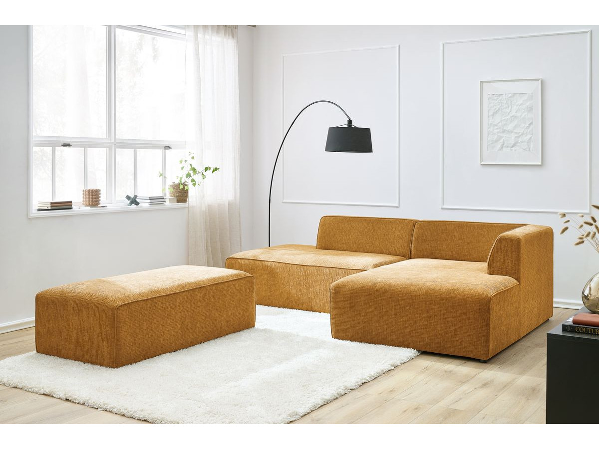 Bobochic Megeve Ecksofa mit Schlaffunktion und Pouf Strukturstoff Gelb Ecke rechts