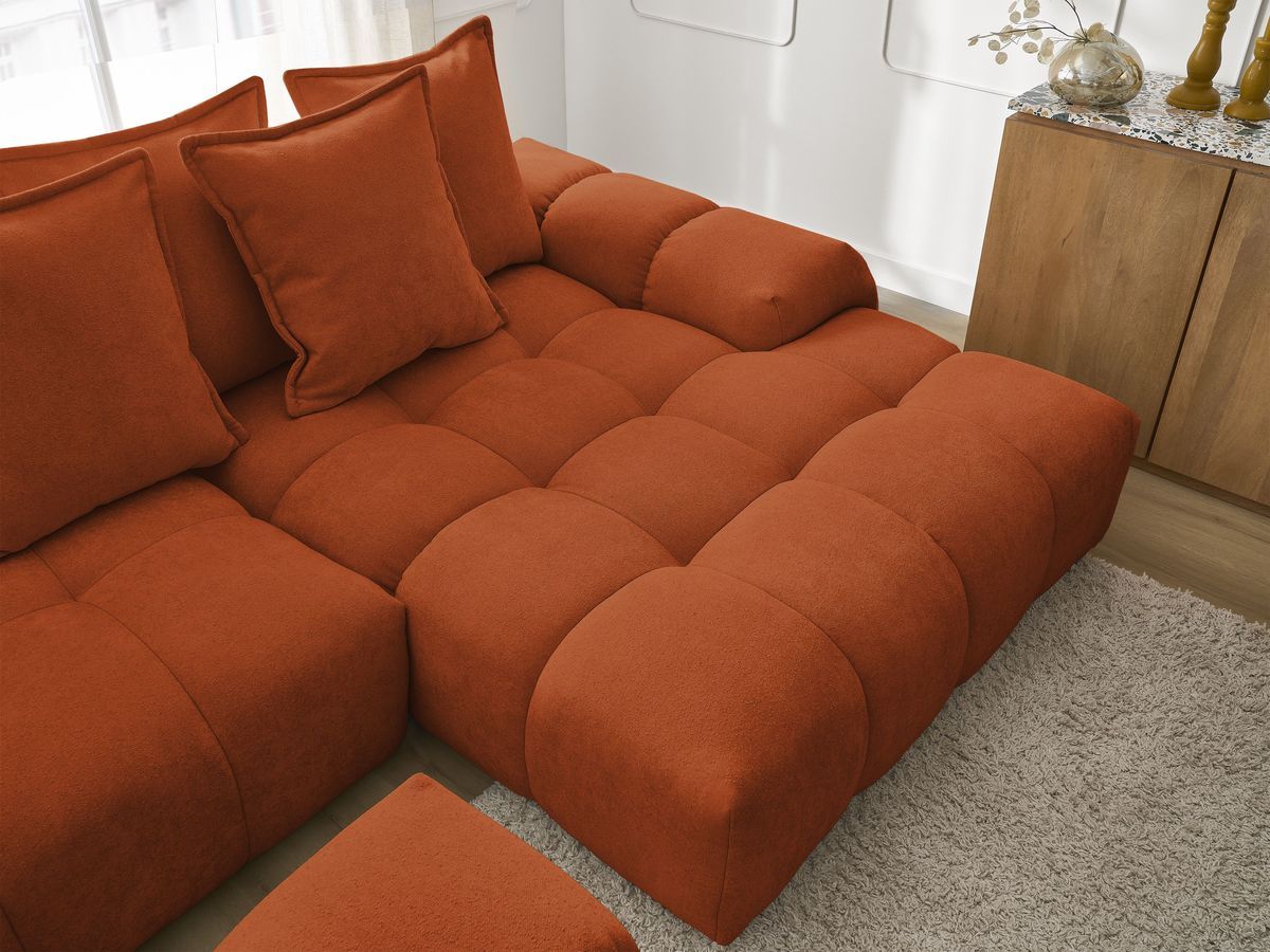 Bobochic Everest Ecksofa mit Schlaffunktion und Bettkasten und Pouf 318 × 180 cm, 7 Kissen Strukturstoff Orange Ecke rechts