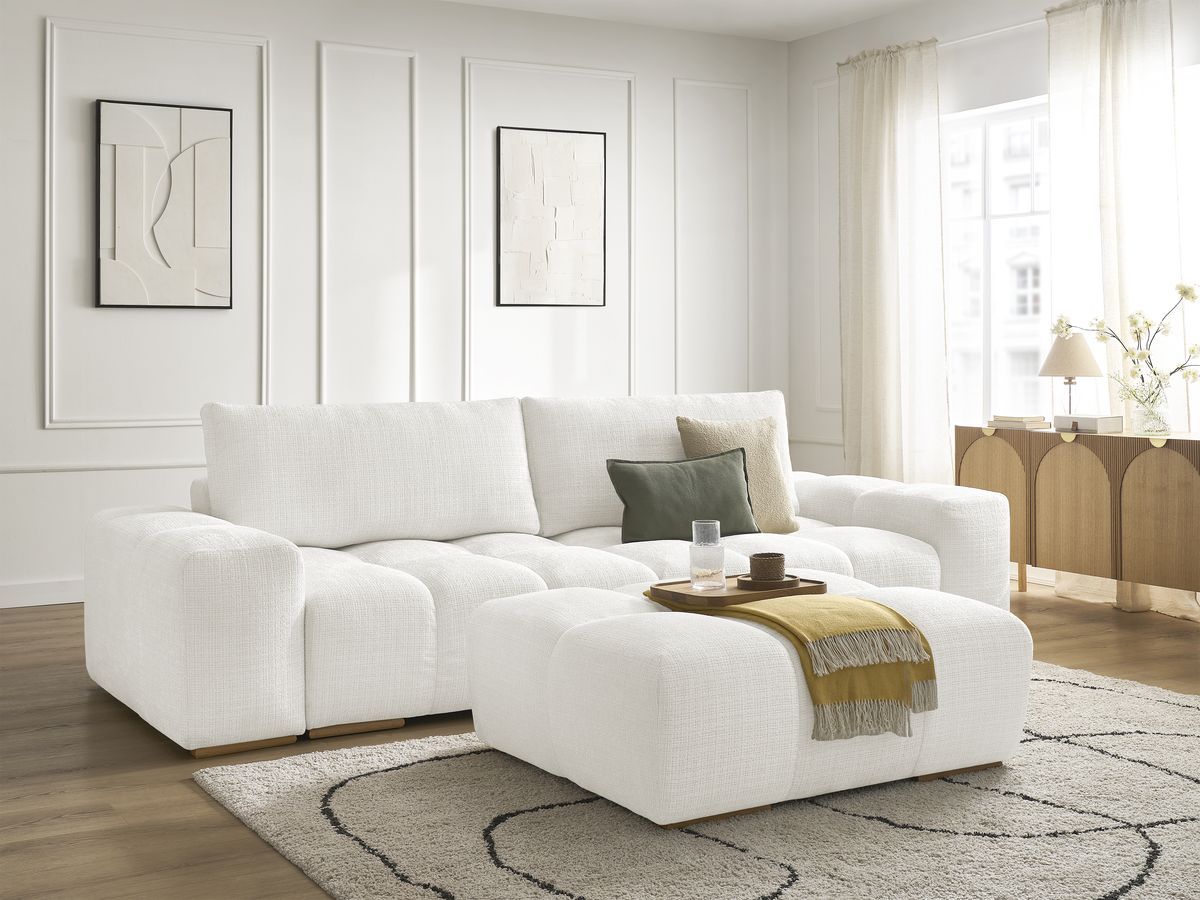 Bobochic Anakin Schlafsofa 3-Sitzer mit Bettkasten und Pouf, 2 Kissen Strukturstoff Weiß