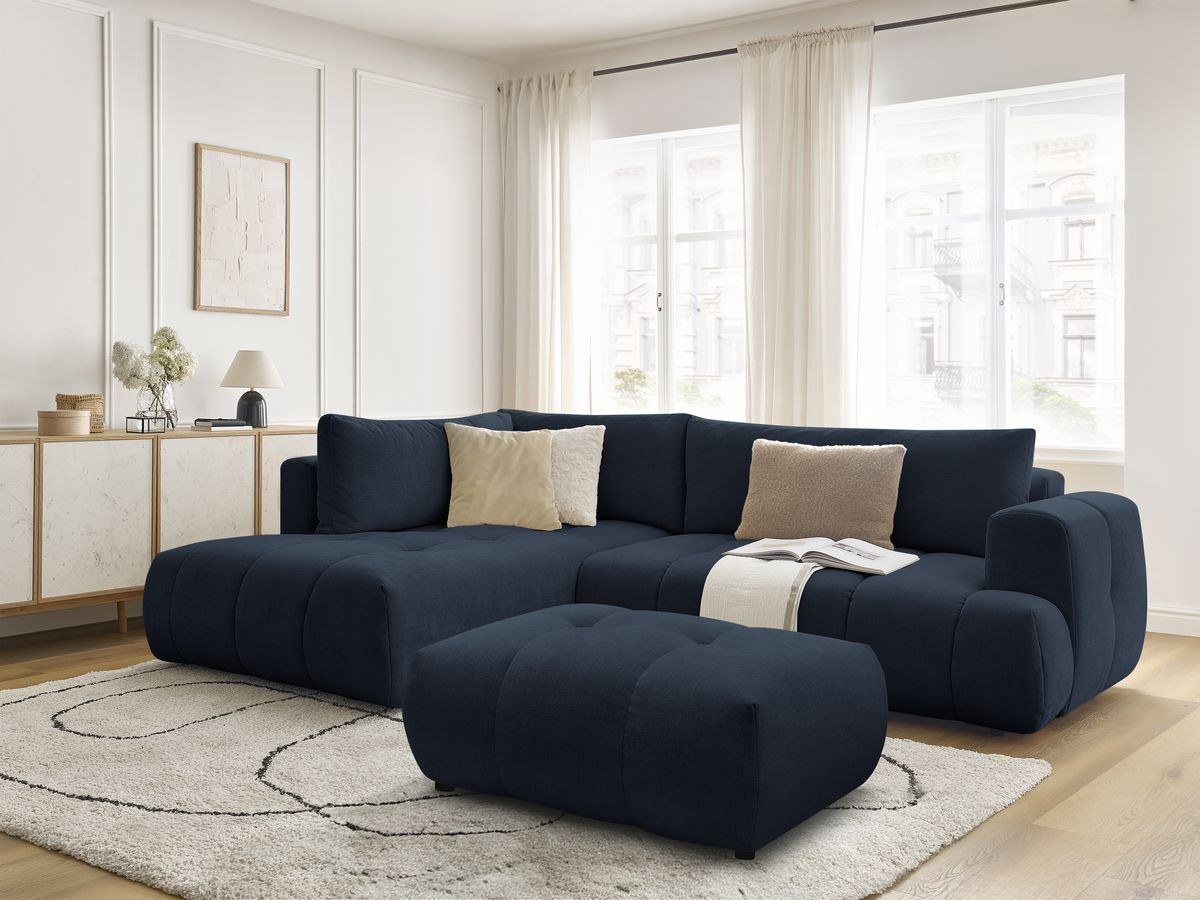 Bobochic Fuji Ecksofa mit Schlaffunktion und Bettkasten und Pouf 282 × 204 cm Stoff Dunkelblau Ecke links