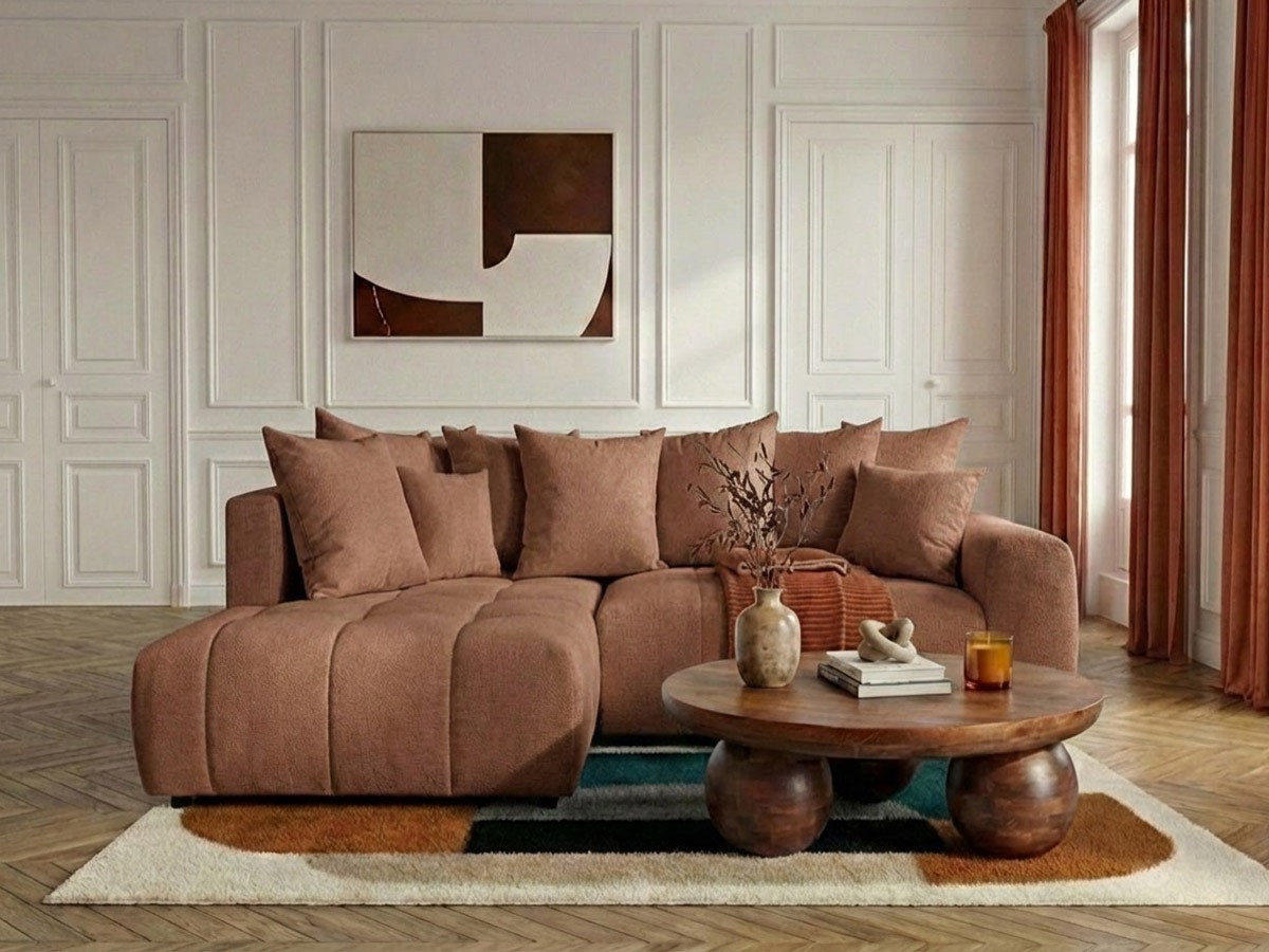 Bobochic Roxelane Ecksofa mit Schlaffunktion und Bettkasten Melange-Stoff Orange Ecke links