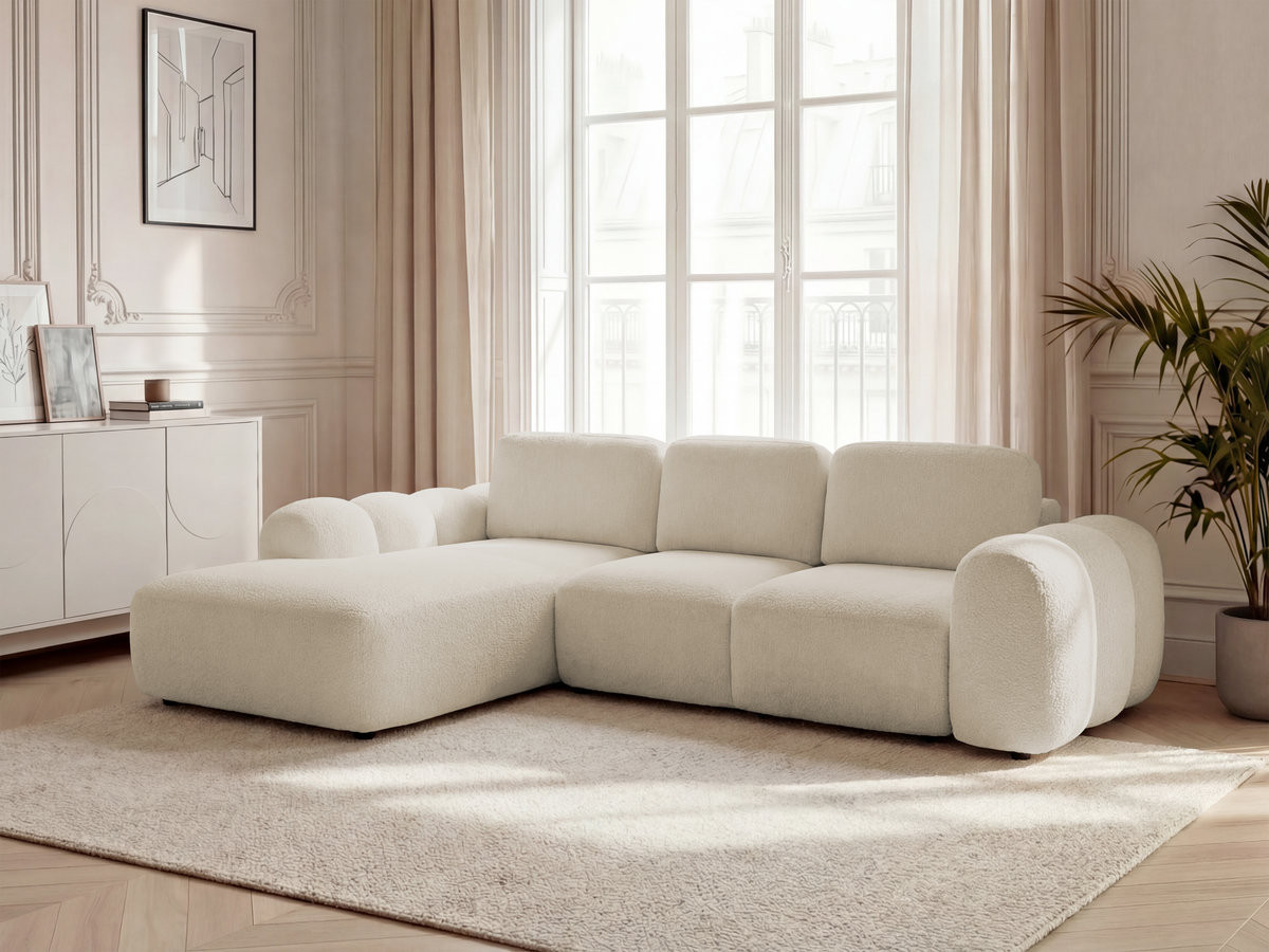Bobochic Montaigne Ecksofa mit Schlaffunktion und Bettkasten 288 × 196 cm Bouclé-Stoff Beige Ecke links