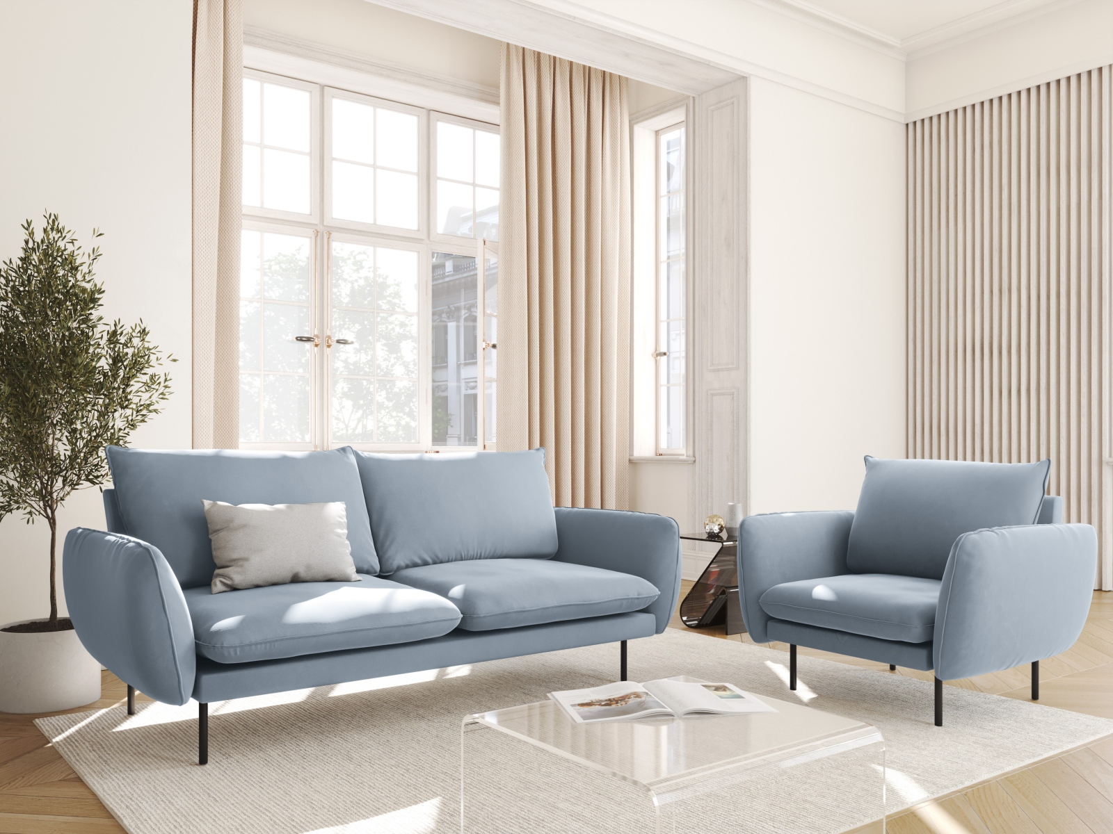 Cosmopolitan Design Sofa Vienna 2-Sitzer Samt Bluvel Hellblau Beine Schwarzes Metall