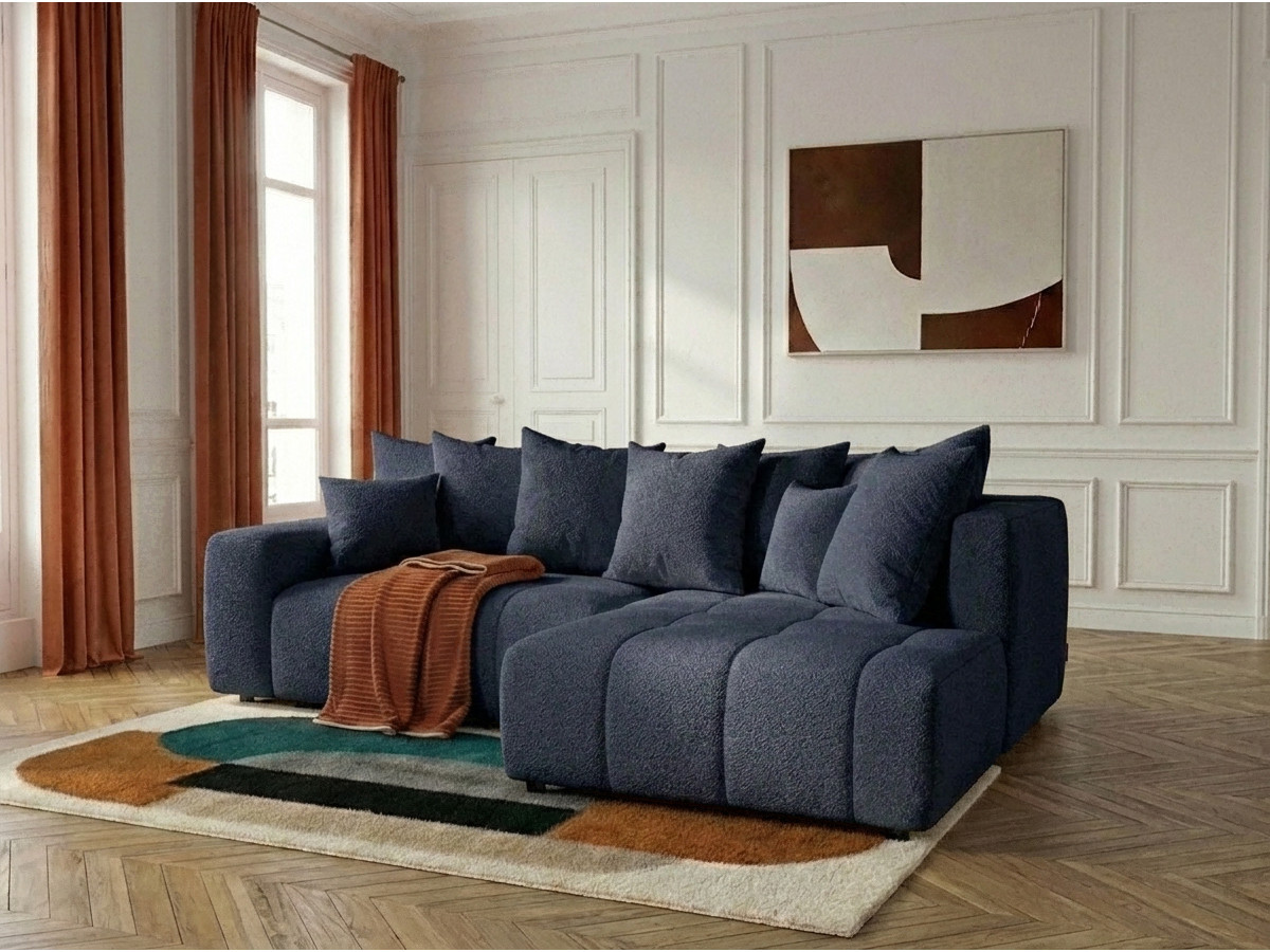 Bobochic Roxelane Ecksofa mit Schlaffunktion und Bettkasten Bouclé-Stoff Dunkelblau Ecke rechts