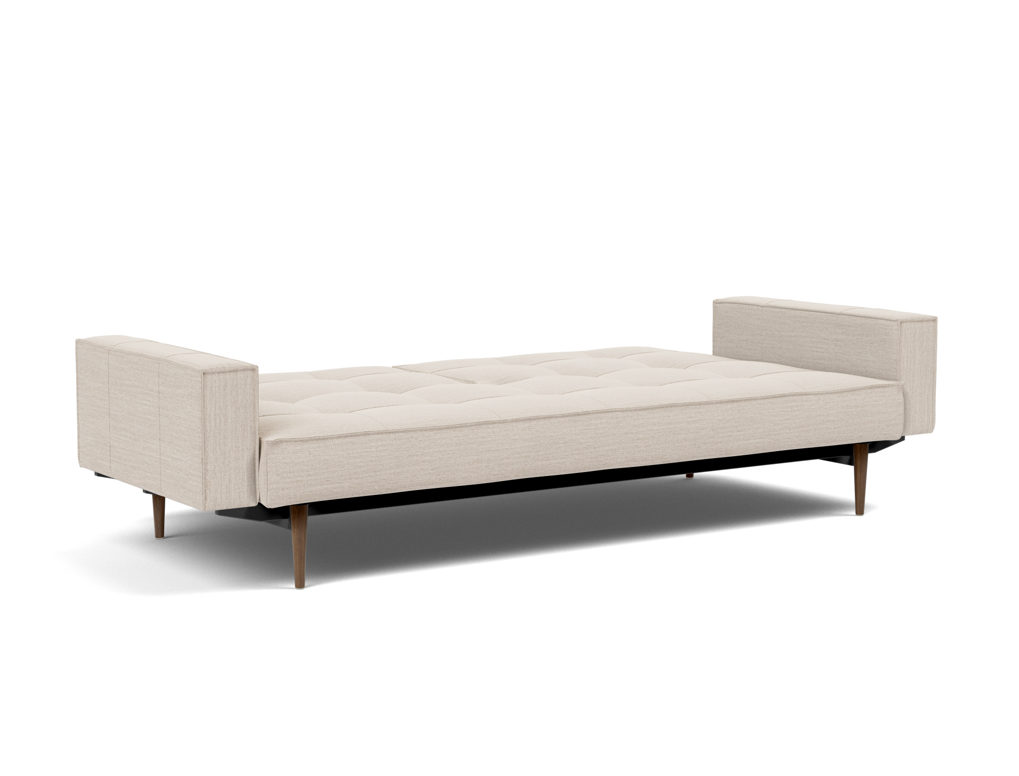 Schlafsofa Splitback mit Armlehnen Webstoff Blida 612-Sand-Grey Beine Styletto Eiche dunkel
