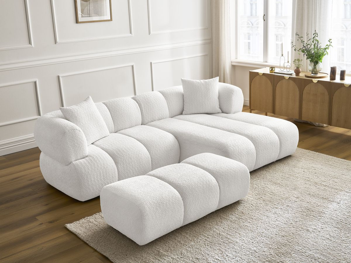 Bobochic Pamira Ecksofa mit Pouf Bouclé-Stoff Weiß Ecke rechts