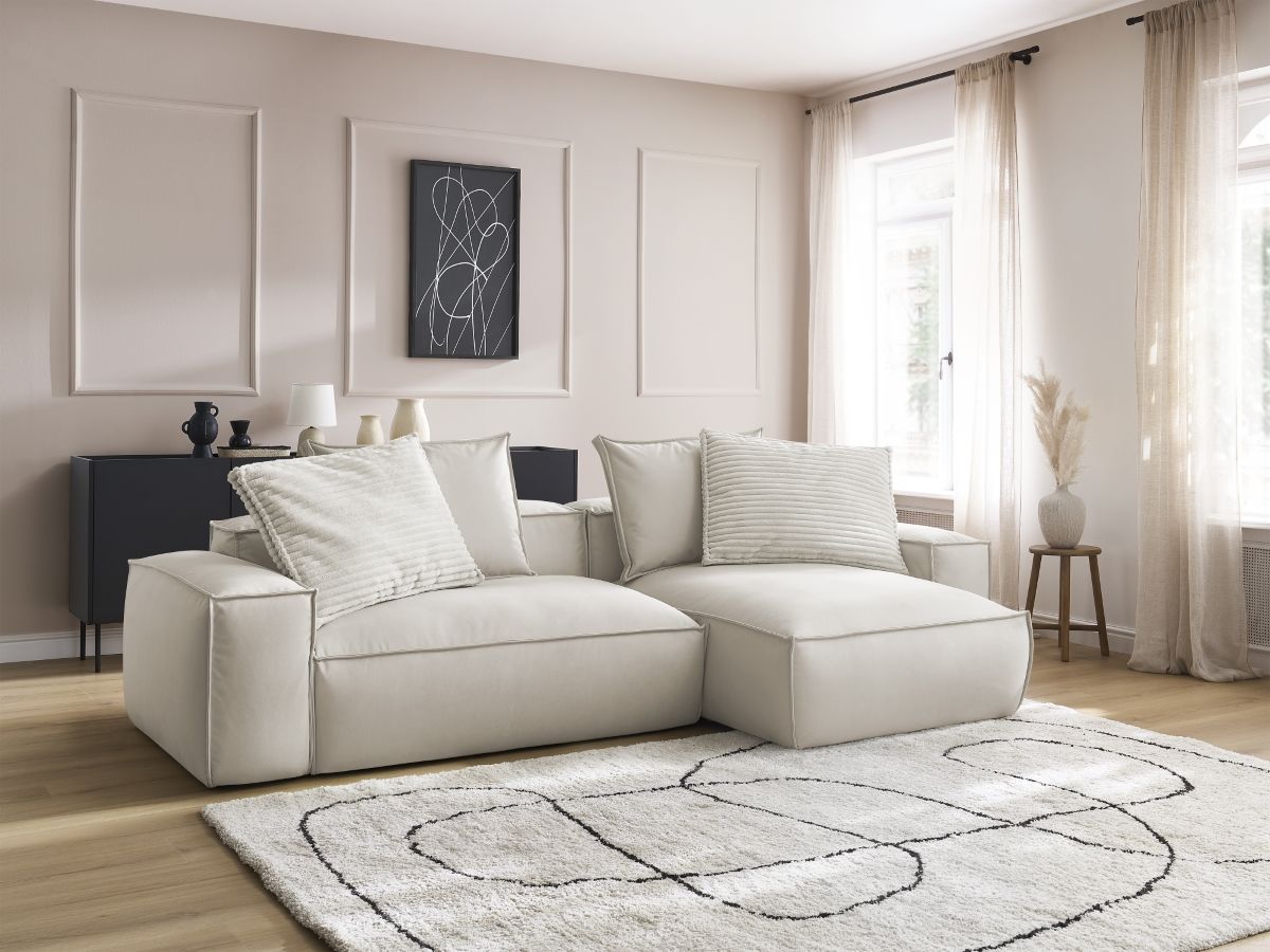 Bobochic Boheme Ecksofa, 3 Kissen Kunstleder Beige