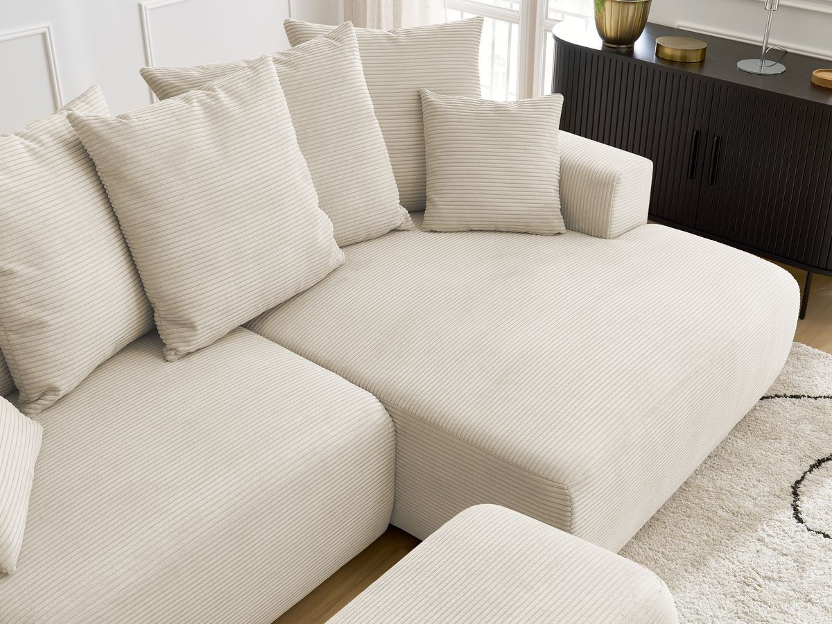 Bobochic Atilla Ecksofa mit Schlaffunktion und Bettkasten und Pouf Cordsamt Beige Ecke rechts