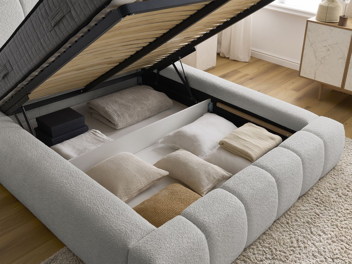 Bobochic Denali Polsterbett mit Bettkasten Bouclé-Stoff Hellgrau, Liegefläche 180 × 200 cm