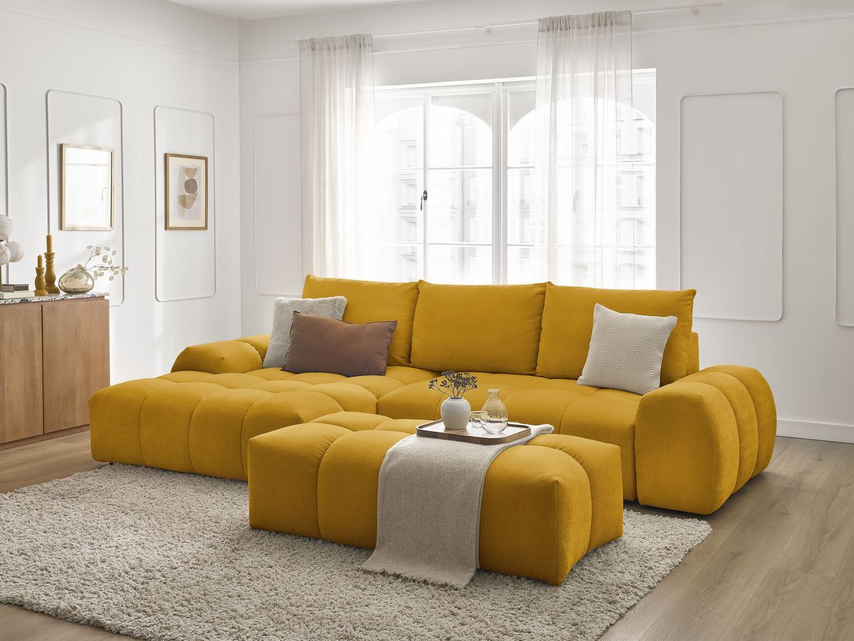 Bobochic Everest Ecksofa mit Schlaffunktion und Bettkasten und Pouf 318 × 180 cm, 3 Kissen Strukturstoff Gelb Ecke links