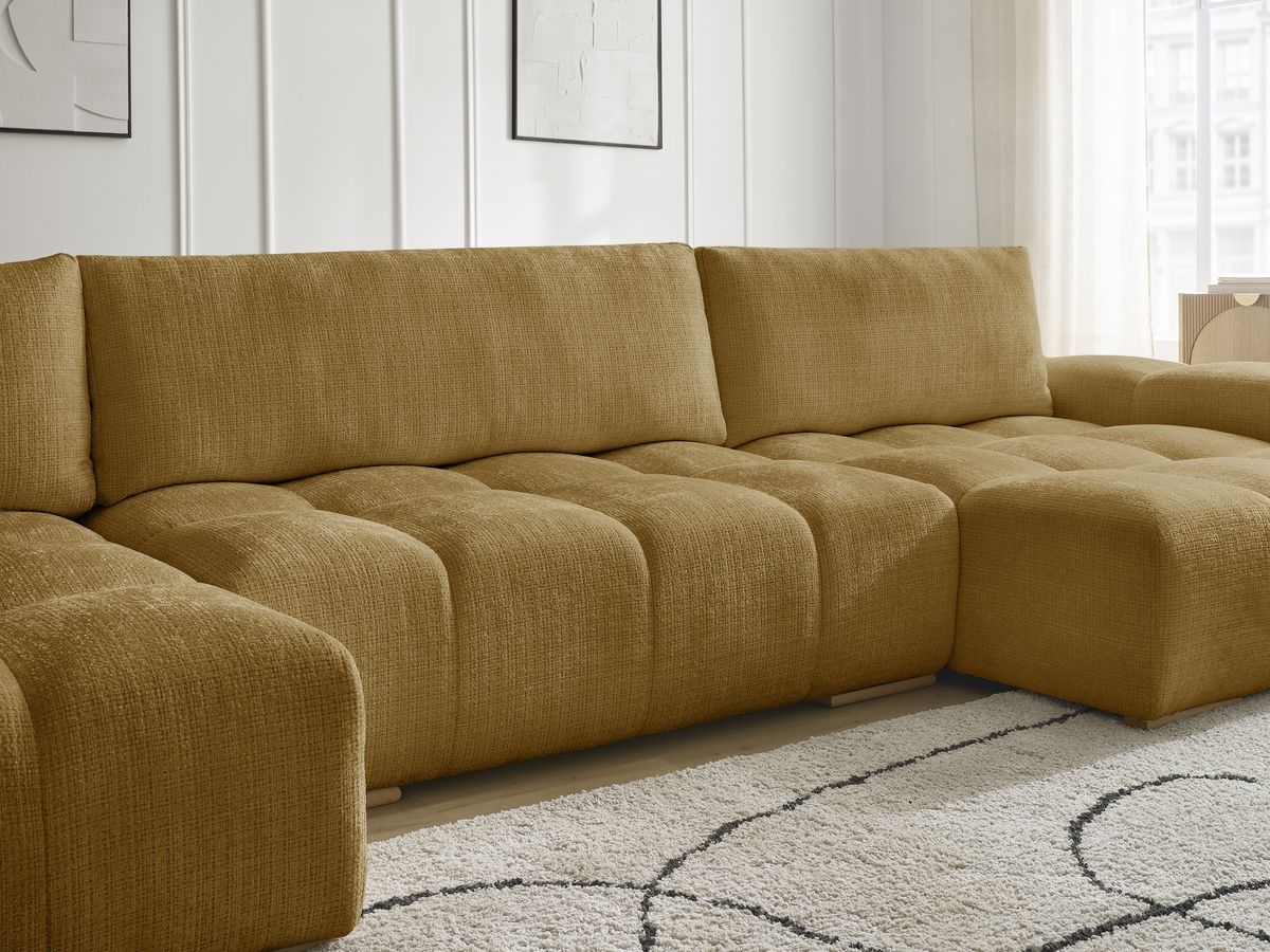 Bobochic Anakin Wohnlandschaft mit Pouf, 3 Kissen Strukturstoff Gelb