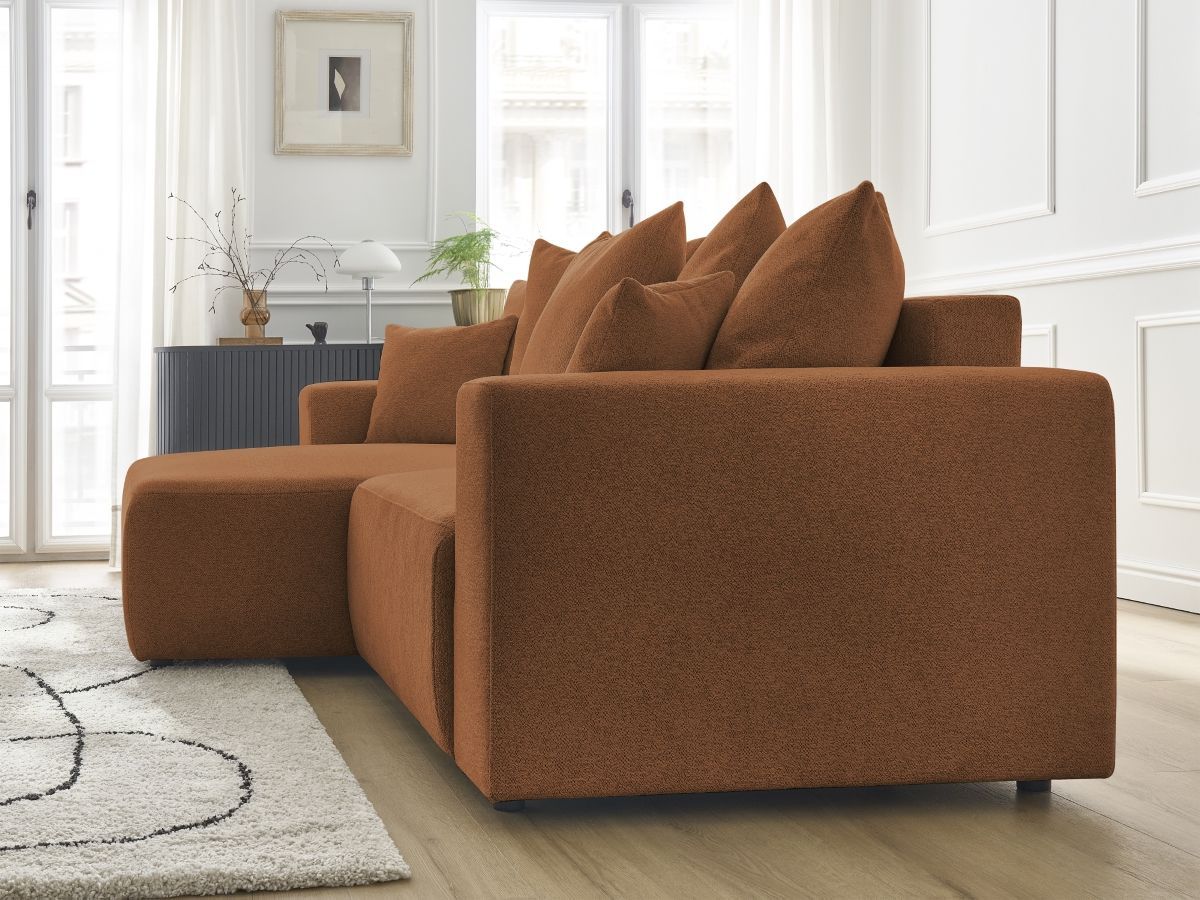 Bobochic Atilla Ecksofa mit Schlaffunktion und Bettkasten Melange-Stoff Orange Ecke links