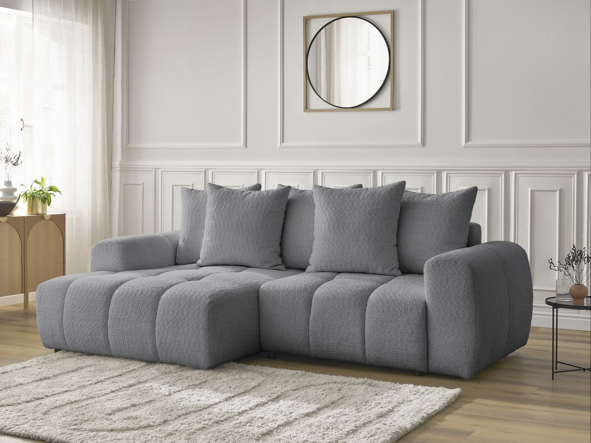 Bobochic Roxelane Ecksofa mit Schlaffunktion und Bettkasten 258 × 150 cm Bouclé-Stoff Dunkelgrau Ecke links