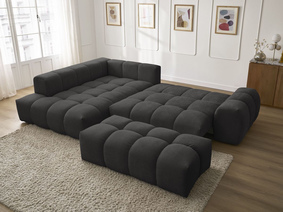 Bobochic Everest Ecksofa mit Schlaffunktion und Bettkasten und Pouf 320 × 212 cm, 5 Kissen Strukturstoff Schwarz Ecke links