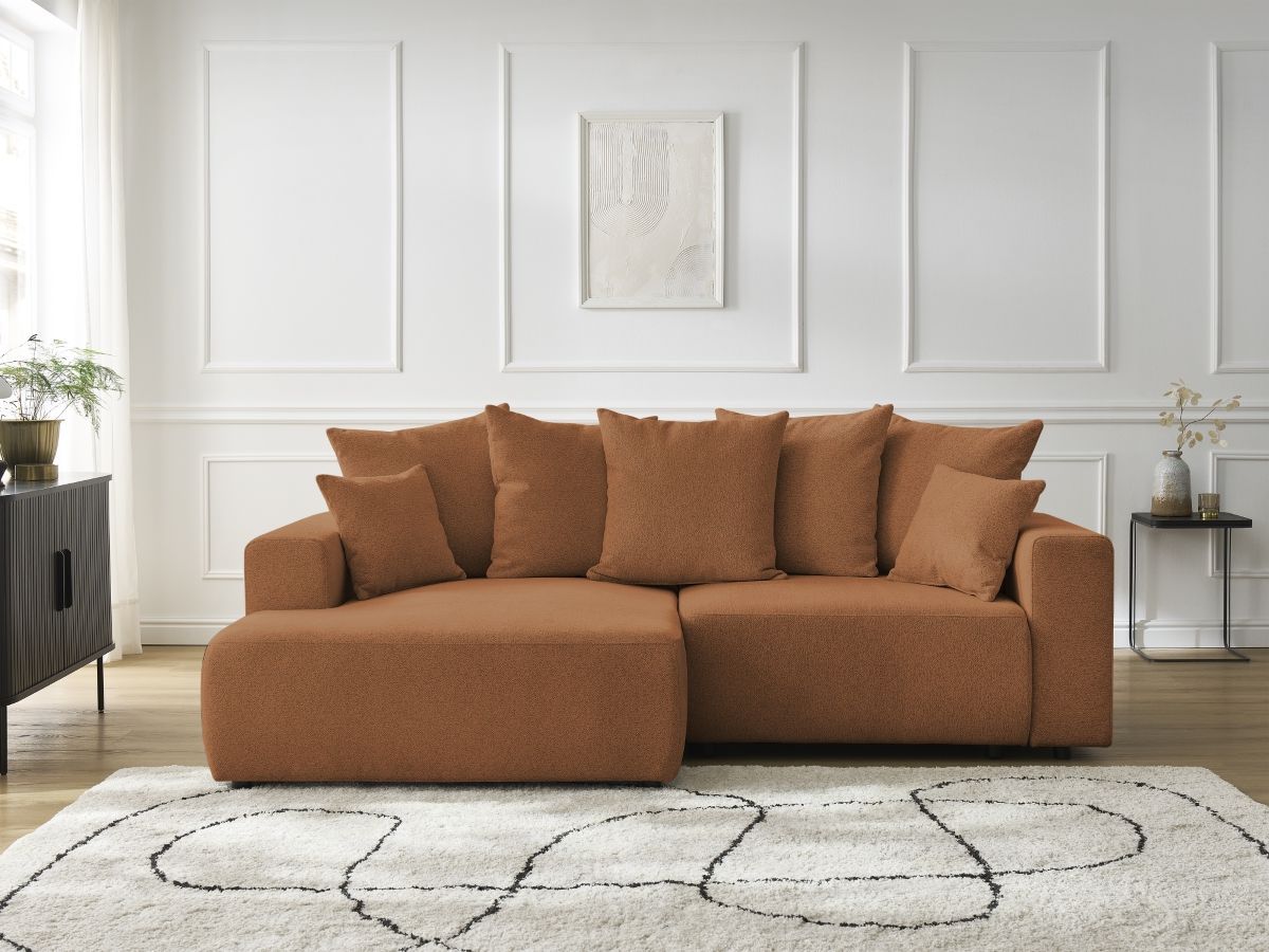 Bobochic Atilla Ecksofa mit Schlaffunktion und Bettkasten Melange-Stoff Orange Ecke links