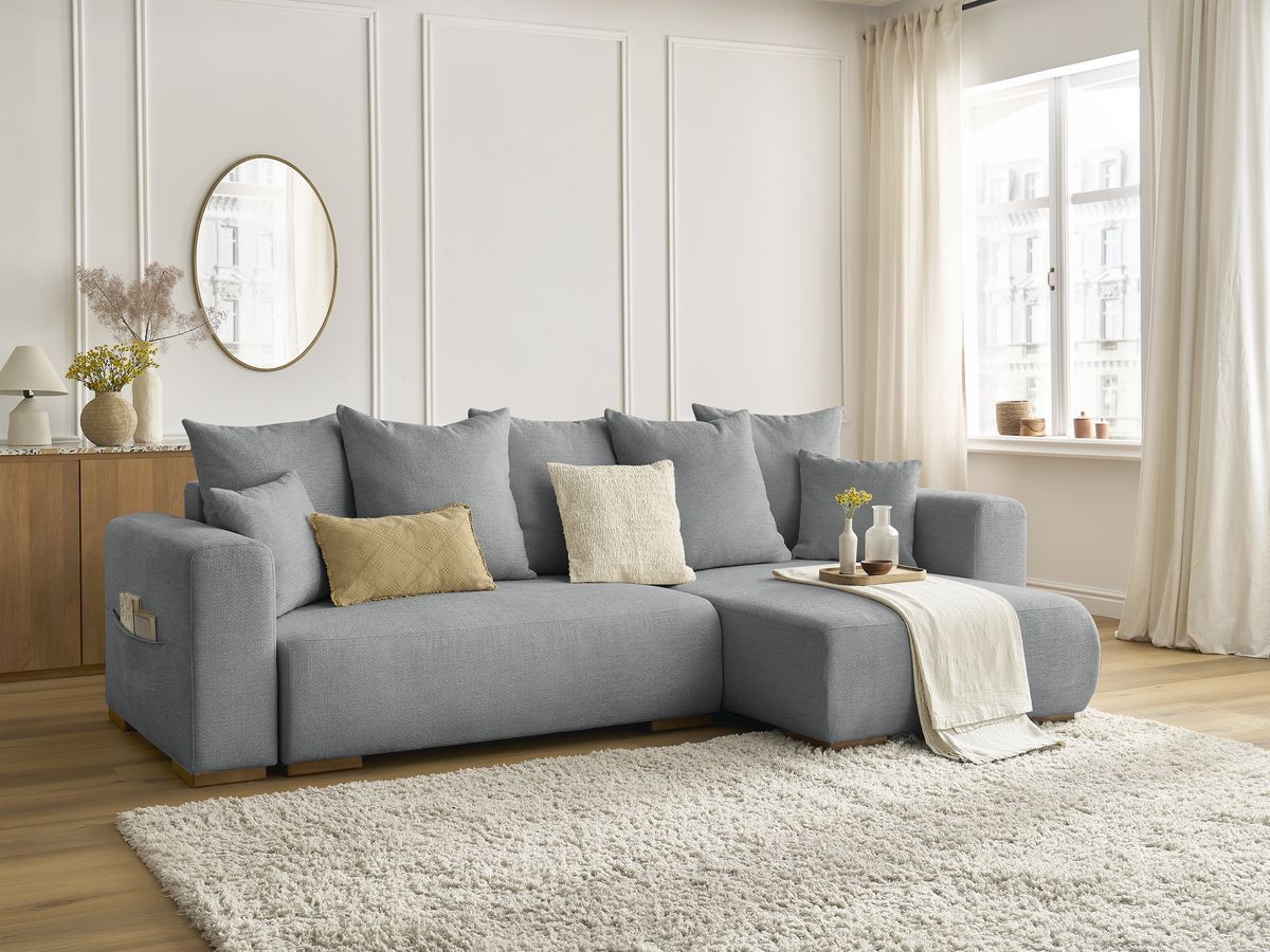 Bobochic Sidonie Ecksofa mit Schlaffunktion und Bettkasten Melange-Stoff Dunkelgrau