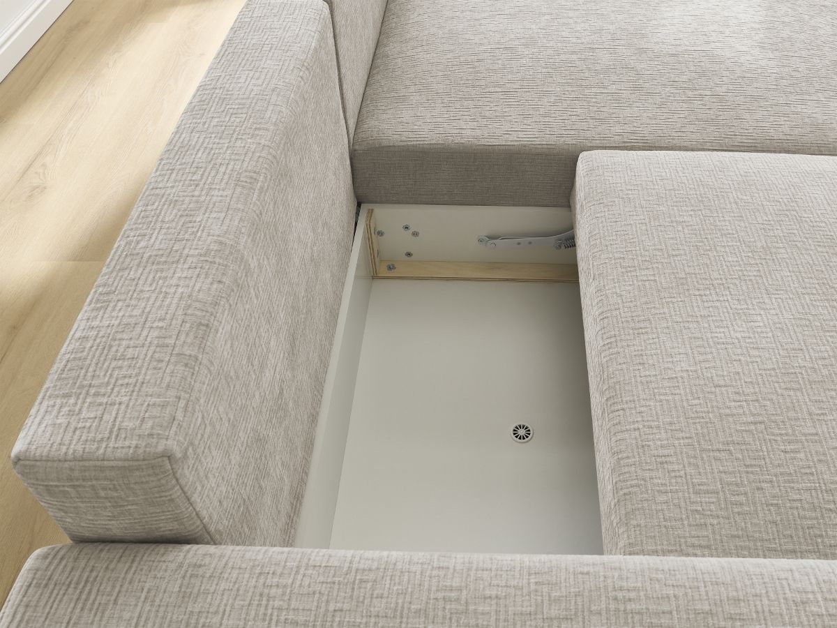 Bobochic Atilla Ecksofa mit Schlaffunktion und Bettkasten Strukturstoff Beige Ecke rechts