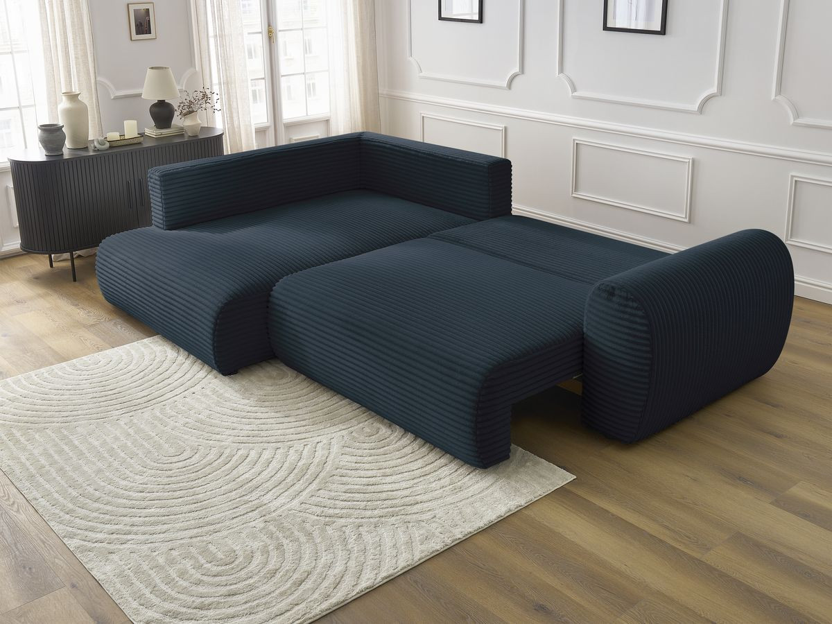 Bobochic Lucien Ecksofa mit Schlaffunktion und Bettkasten 296 × 198 cm Breitcord weich Dunkelblau Ecke links