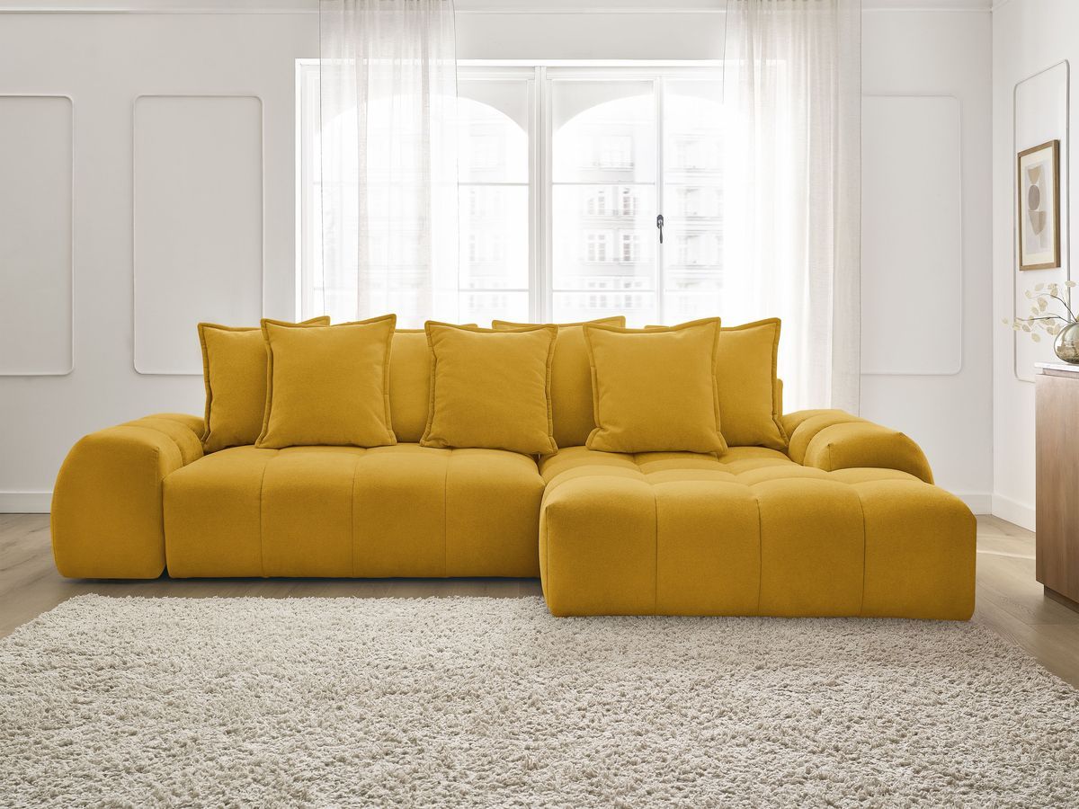 Bobochic Everest Ecksofa mit Schlaffunktion und Bettkasten 318 × 180 cm, 7 Kissen Strukturstoff Gelb Ecke rechts