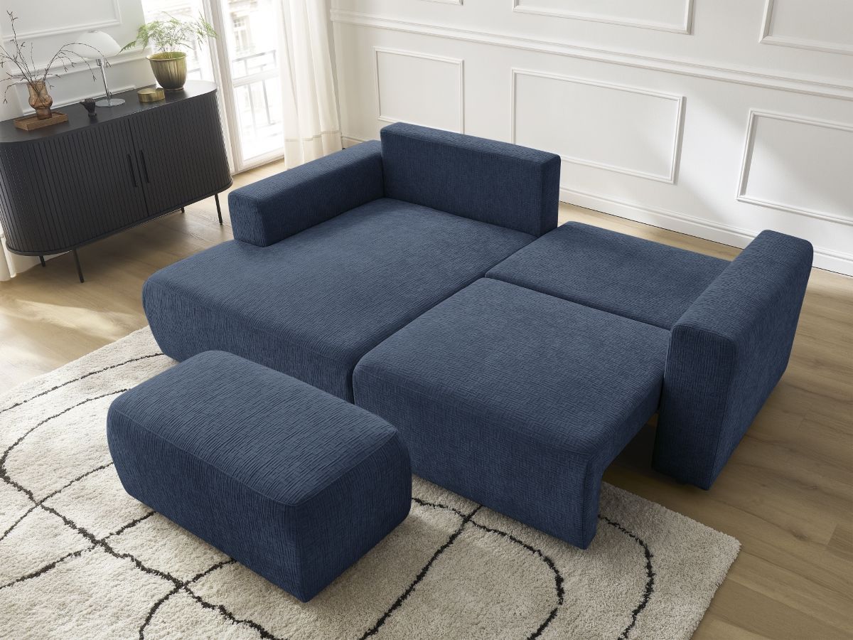Bobochic Atilla Ecksofa mit Schlaffunktion und Bettkasten und Pouf Strukturstoff Dunkelblau Ecke links