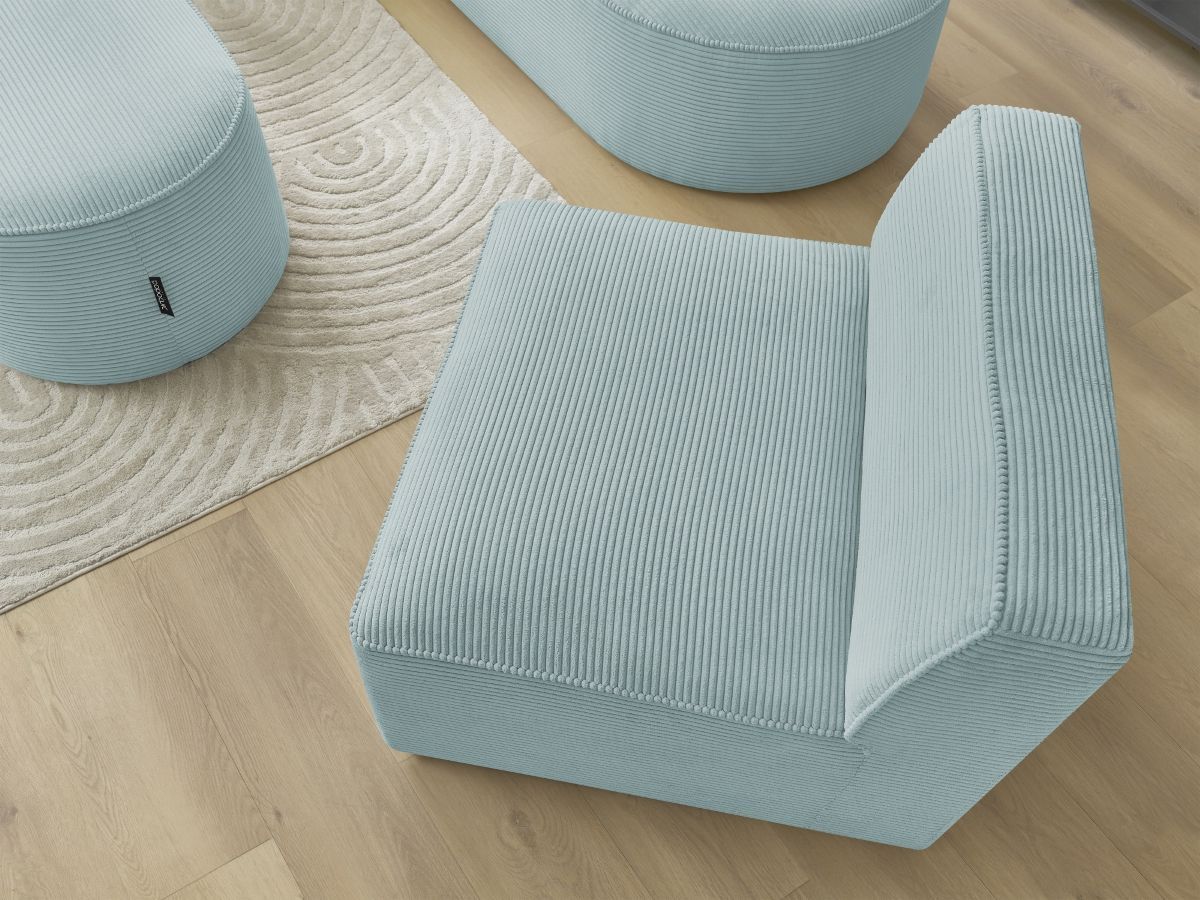 Bobochic Rousseau Ecksofa mit Sofamodul und Pouf Cordsamt Hellblau Ecke links