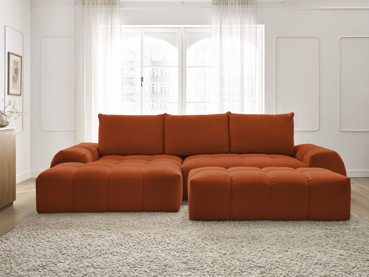 Bobochic Everest Ecksofa mit Schlaffunktion und Bettkasten und Pouf 318 × 180 cm, 3 Kissen Strukturstoff Orange Ecke links