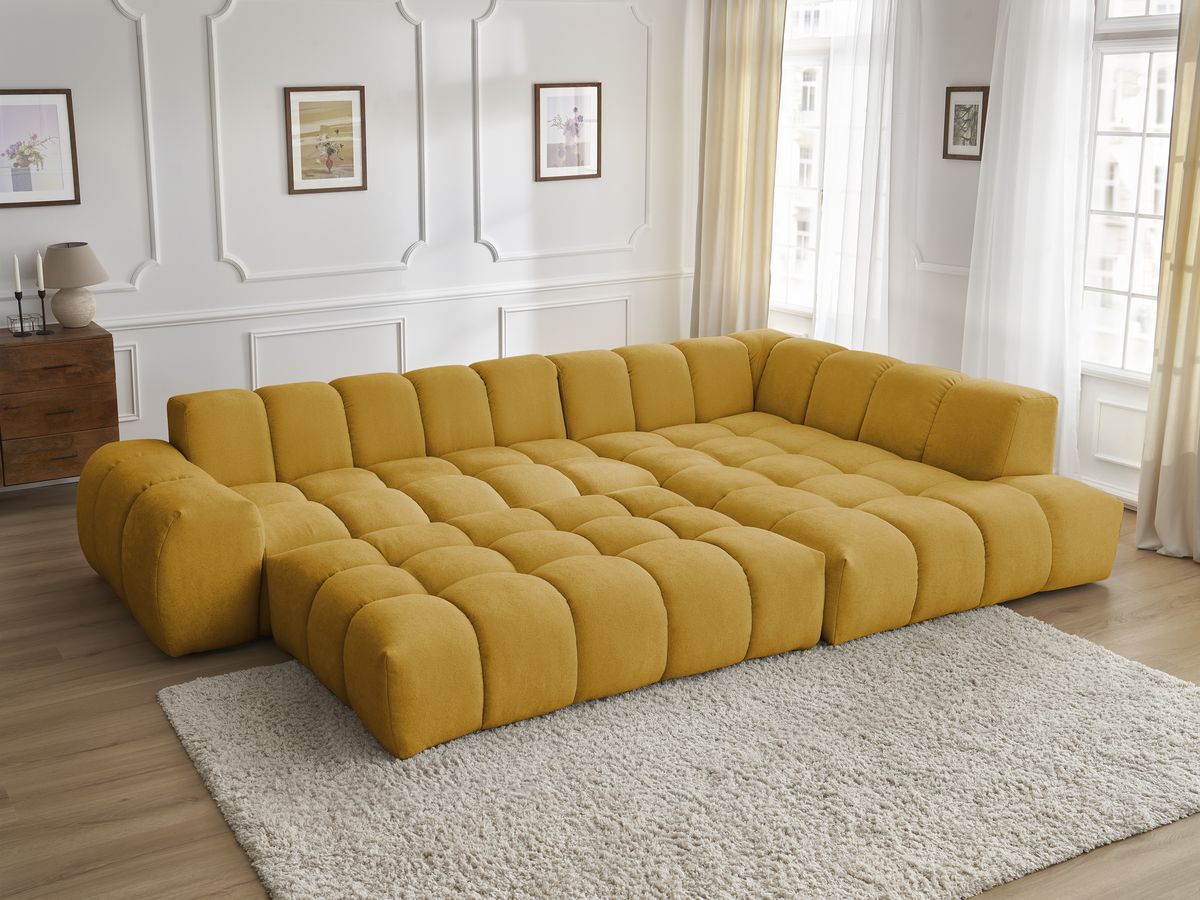 Bobochic Everest Ecksofa mit Schlaffunktion und Pouf, 4 Kissen Strukturstoff Gelb Ecke rechts