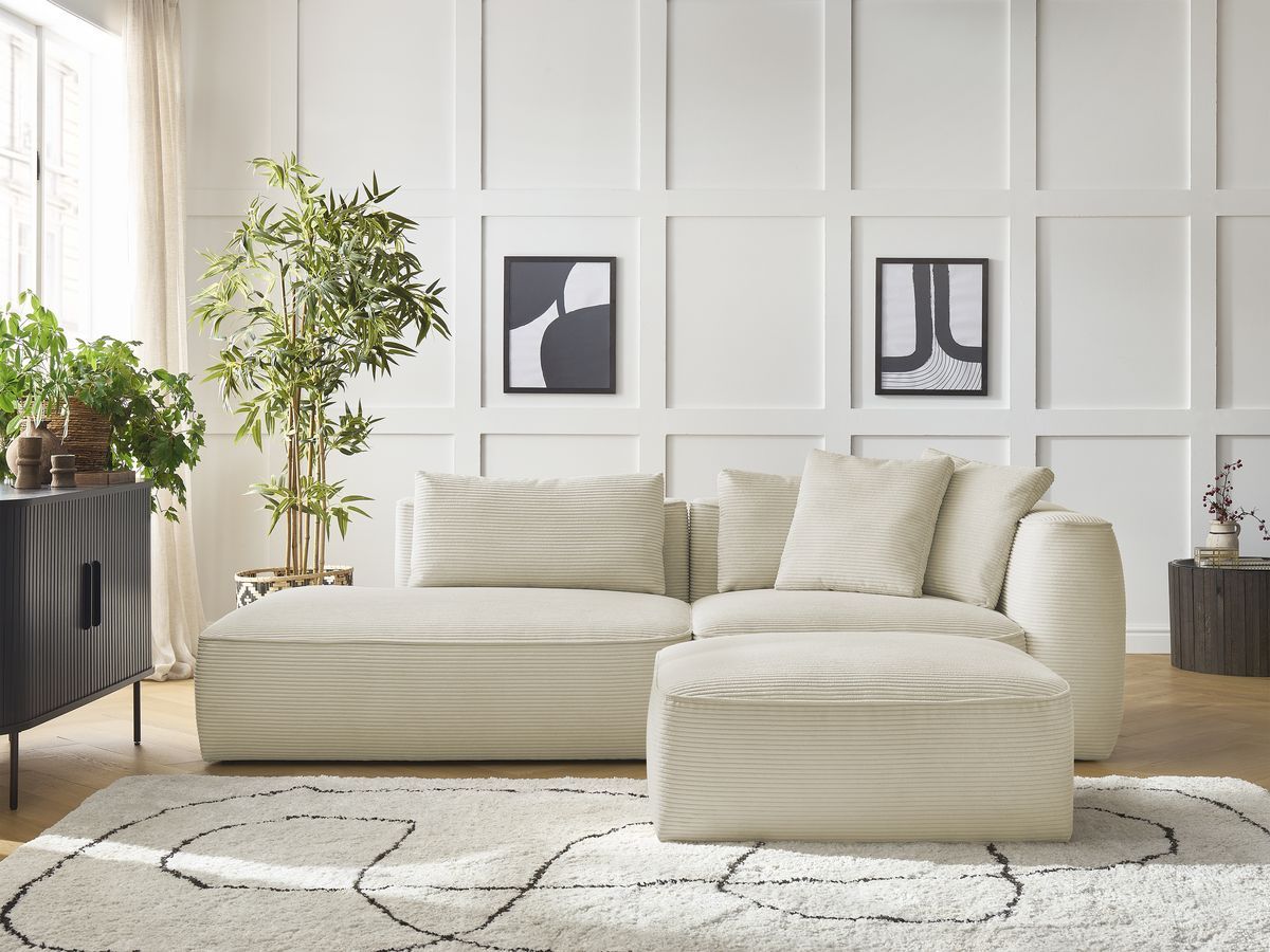 Bobochic Leopold Sofa 4-Sitzer mit Pouf Cordsamt Beige Armlehne rechts