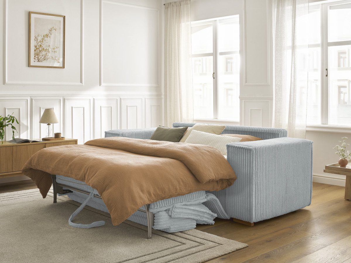 Bobochic Chelsea Schlafsofa 3-Sitzer Cordsamt Hellgrau, Liegefläche 160 × 200 cm