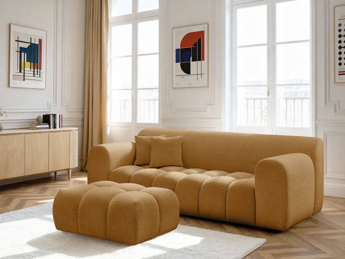 Bobochic Melisse Sofa 3-Sitzer mit Pouf Strukturstoff Gelb