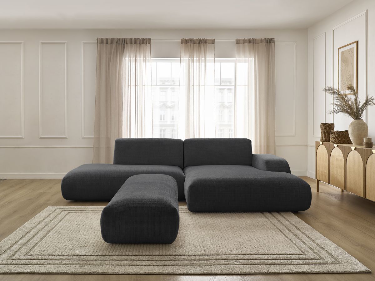 Bobochic Sirius Ecksofa mit Pouf 300 × 170 cm Strukturstoff Schwarz Ecke rechts