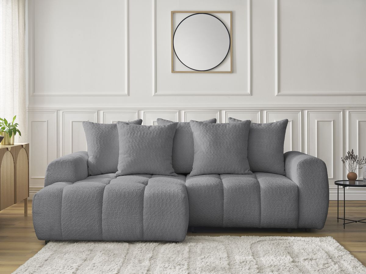 Bobochic Roxelane Ecksofa mit Schlaffunktion und Bettkasten 258 × 150 cm Bouclé-Stoff Dunkelgrau Ecke links