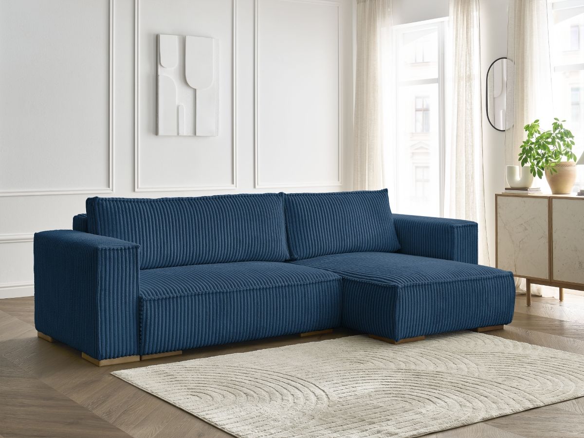 Bobochic Chelsea Ecksofa mit Schlaffunktion und Bettkasten Breitcord weich Dunkelblau