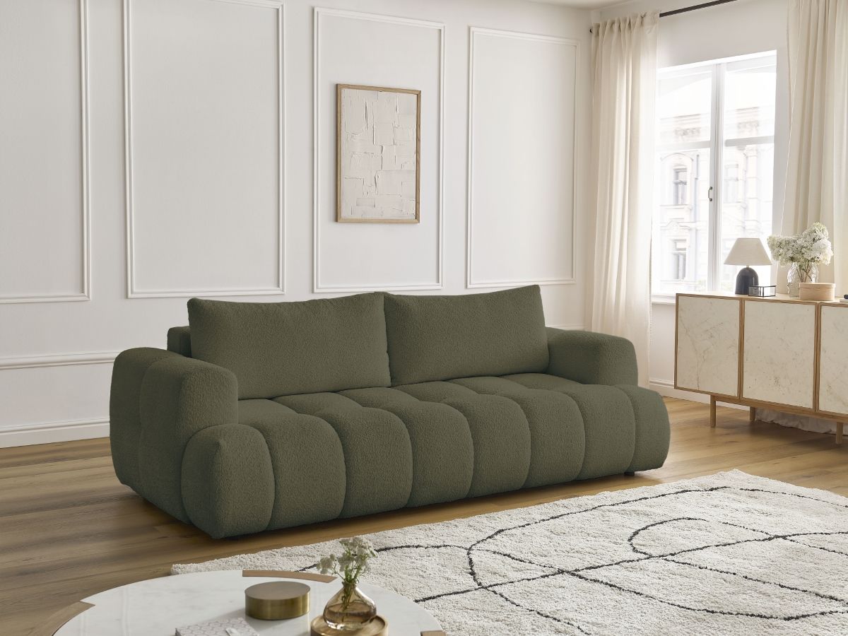 Bobochic Fuji Schlafsofa 3-Sitzer mit Bettkasten Bouclé-Stoff Grün
