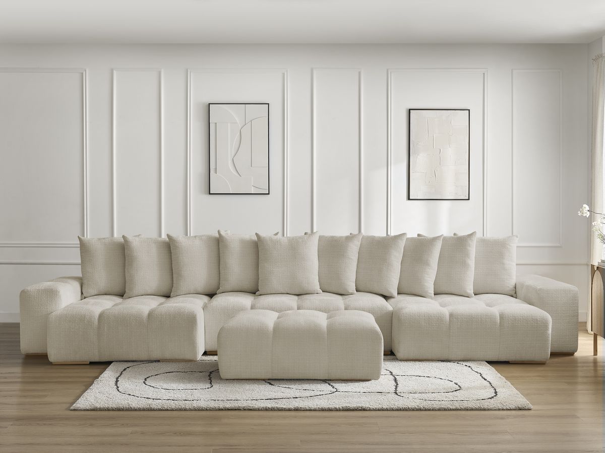 Bobochic Anakin Wohnlandschaft mit Pouf, Liegefläche 137 × 382 cm, 10 Kissen Strukturstoff Beige