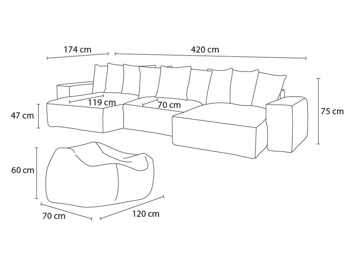 Bobochic Voltaire Wohnlandschaft mit Pouf 420 × 174 cm Cordsamt Gelb
