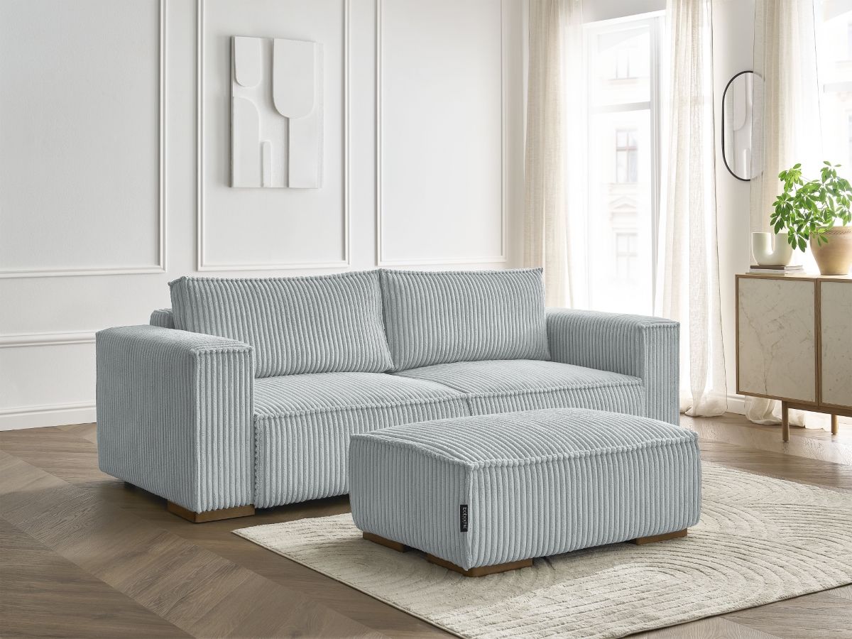 Bobochic Chelsea Schlafsofa 4-Sitzer mit Bettkasten und Pouf Breitcord weich Hellgrau