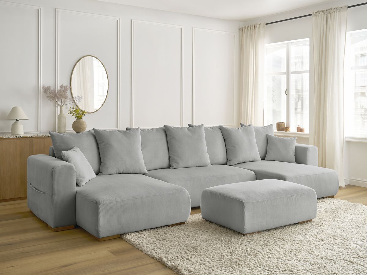 Bobochic Sidonie Wohnlandschaft mit Pouf Cordsamt Hellgrau
