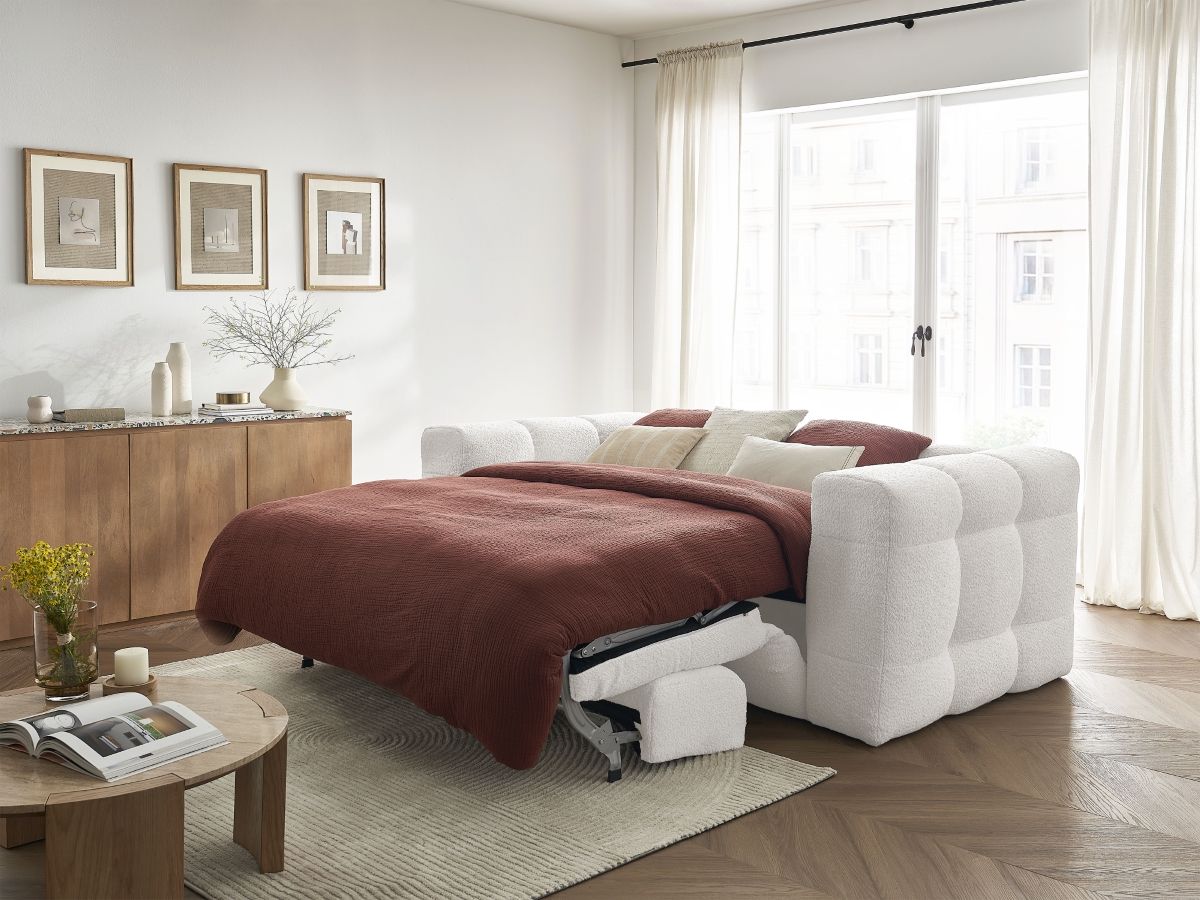 Bobochic Cloud Schlafsofa 3-Sitzer Bouclé-Stoff Weiß
