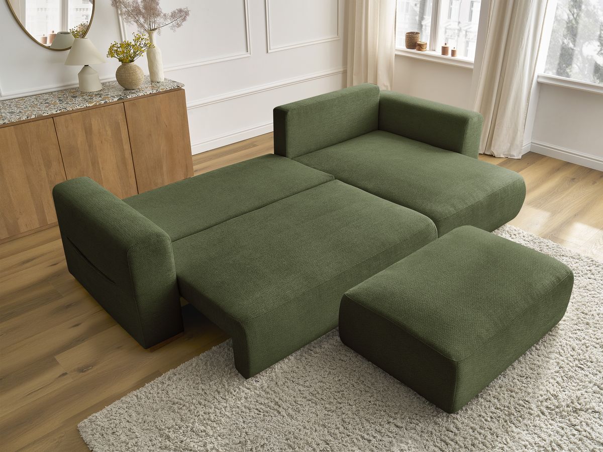 Bobochic Sidonie Ecksofa mit Schlaffunktion und Bettkasten und Pouf Melange-Stoff Grün