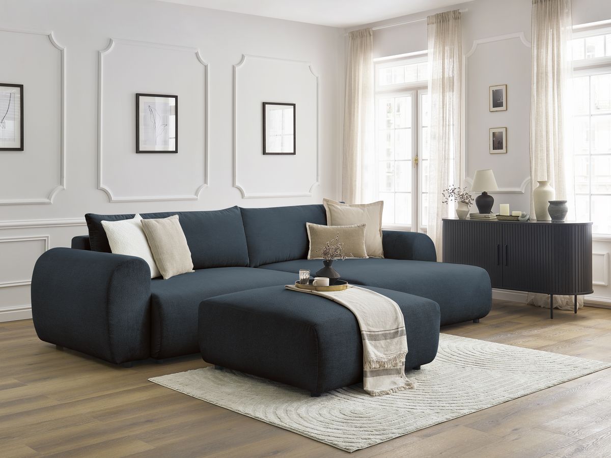 Bobochic Lucien Ecksofa mit Schlaffunktion und Bettkasten und Pouf 314 × 167 cm Stoff Dunkelblau Ecke rechts