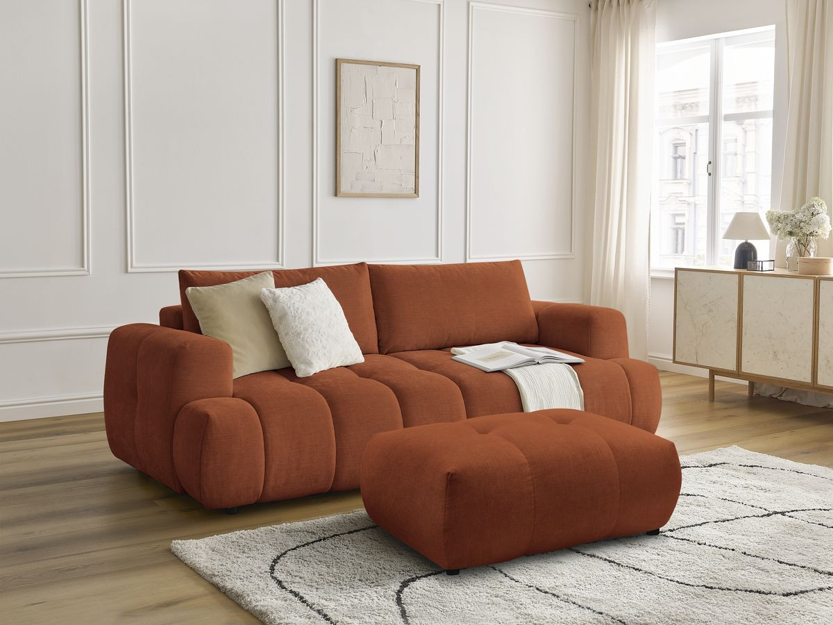 Bobochic Fuji Schlafsofa 3-Sitzer mit Bettkasten und Pouf Stoff Orange