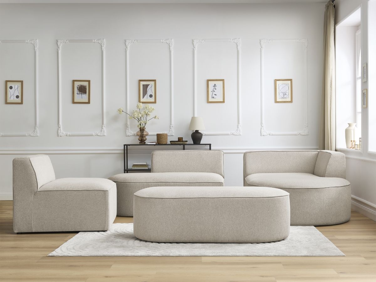 Bobochic Rousseau Ecksofa mit Sofamodul und Pouf Melange-Stoff Beige Ecke rechts