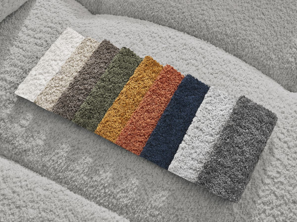 Bobochic Roxelane Ecksofa mit Schlaffunktion und Bettkasten und Pouf 258 × 150 cm Bouclé-Stoff Hellgrau Ecke rechts