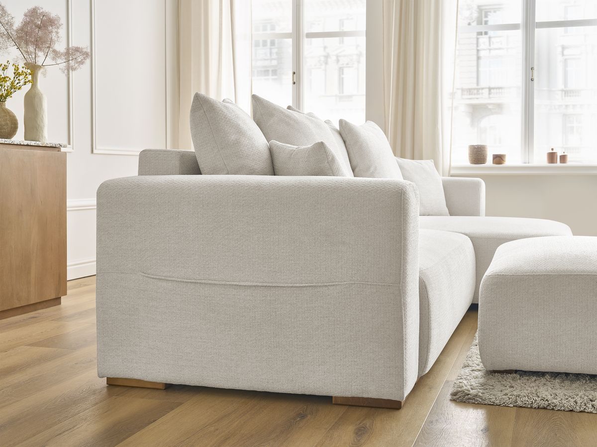 Bobochic Sidonie Ecksofa mit Schlaffunktion und Bettkasten und Pouf Melange-Stoff Beige